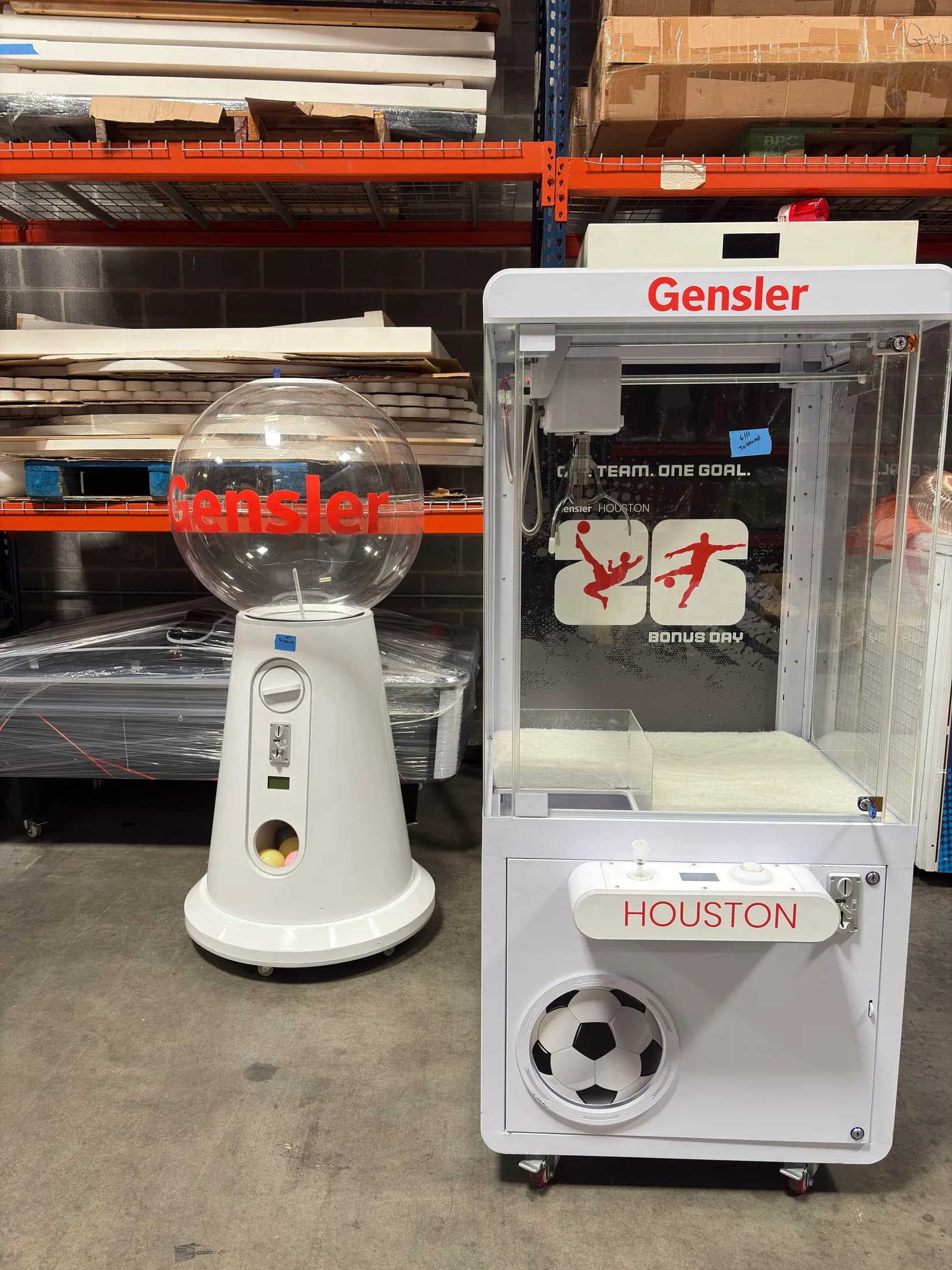 Gensler Houston branded claw and capsule machines