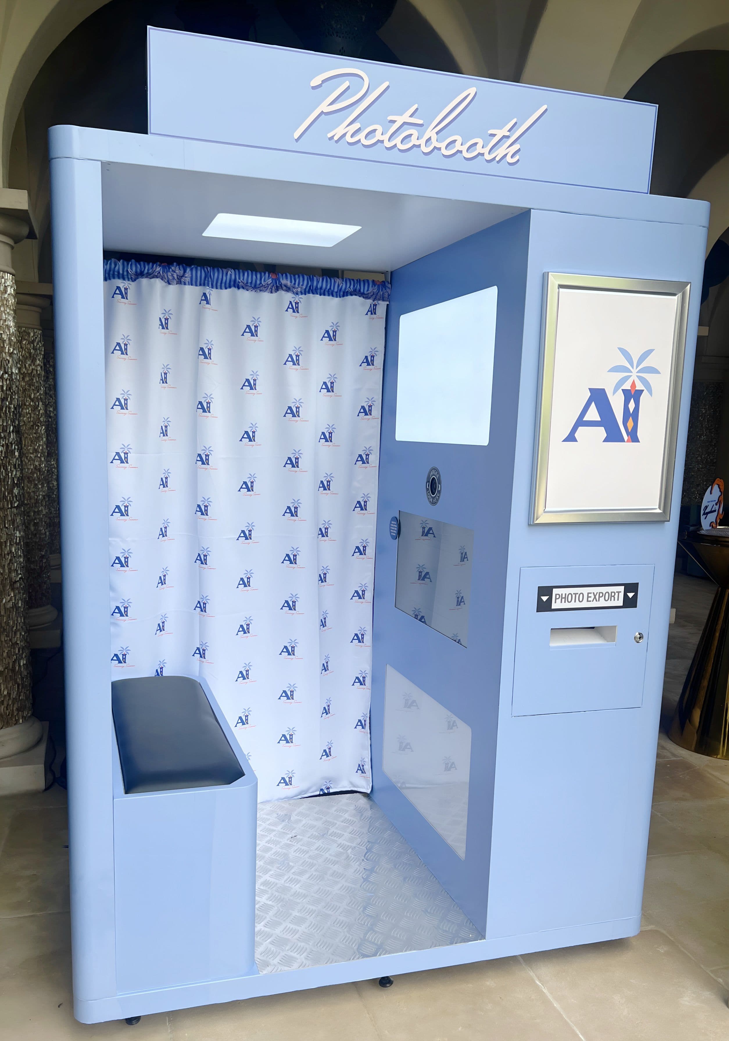 Enclosed photo booth rental Houston, modern branded photo booth at a corporate event